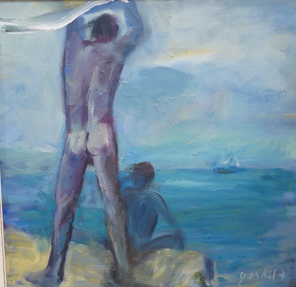 Yankel Feather (1920-2009), 'Marooned', indistinctly signed, inscribed and dated 2002 verso, oil on canvas, 44 x 44cm